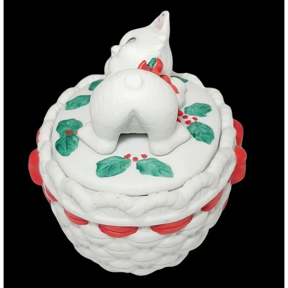 VTG Lefton Porcelain Christmas Kitty Trinket‎ Dish Bowl Holly Ribbon 1987 READ
